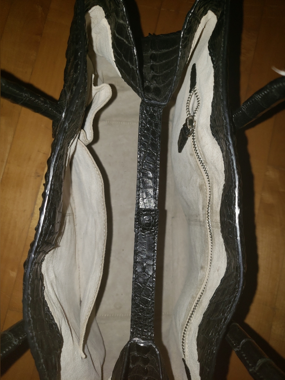 Genuine Caiman Crocodile Skin Large Black Tote Cream Suede Lining Handbag - Picture 11 of 16